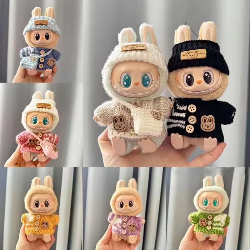 Roztomilé doplňky pro panenku Labubu Bunny s pleteným oblečením, králičími ušima, kloboukem a svetrem se srdíčkem pro sběratele hraček, oblečení pro Labubu