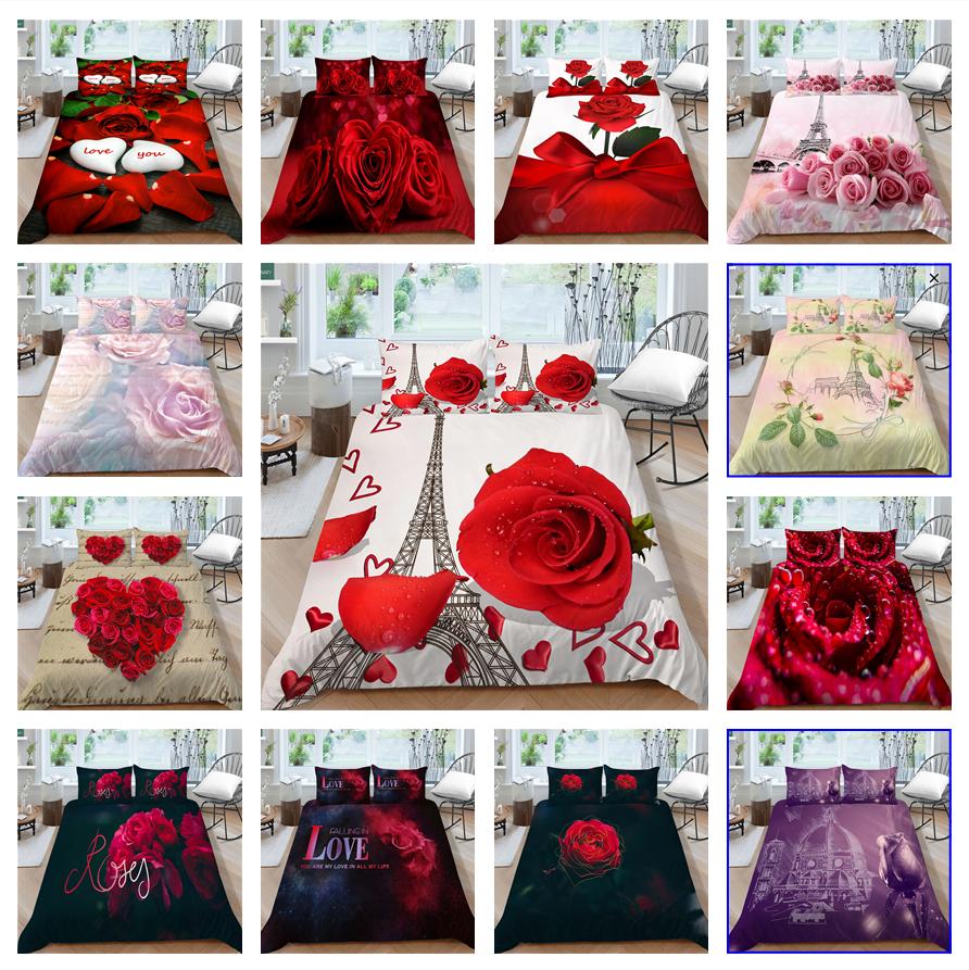 

3D постельное белье для влюбленных, двуспальная кровать, полноразмерная наволочка с романтической розой и пододеяльник, 2/3, удобное домашнее постельное белье