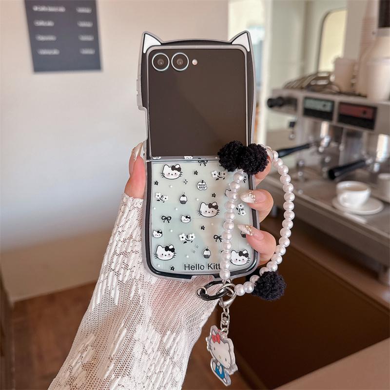 New Hello Kitty Cat Ear Glitter Clear Phone Case With Pearl Pom Pom Lanyard For Samsung Galaxy Z Flip 3 4 5 6 7 INS Cute Shockpr