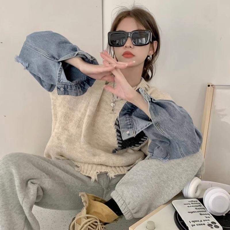 Love Pattern Denim Spliced Woman Sweater New Unique Design Round Neck Style Pullover Autumn Warm Women's Trendy Top