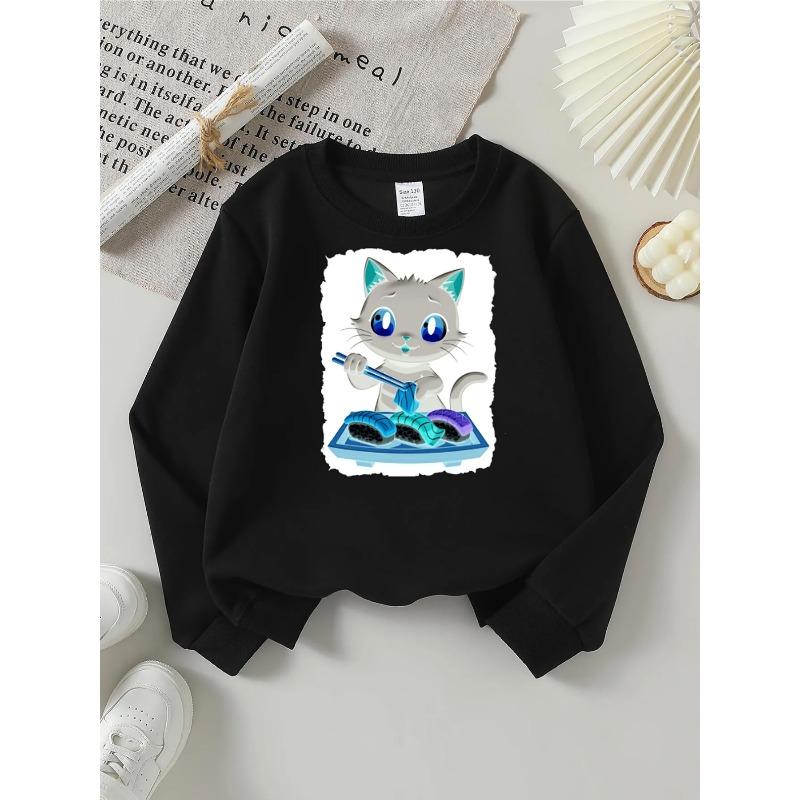 European sizes Adorable Sweatshirt with Sushi Chef Cat, for Autumn and Winter, Stylish Long-Sleeve Casual Top for Young Girls.