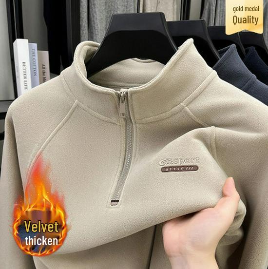 - "Warm Wool Sherpa Fleece Half-Zip Sweatshirt with Stand Collar - Double-Sided Velvet for Autumn/Winter"