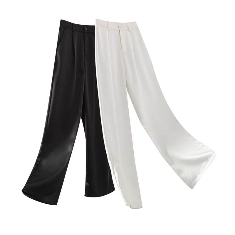 Summer Autumn Women's Trousers Black Straight High-waisted Loose Classic Trousers Casual Silk Satin Wide Leg Trousers for Women