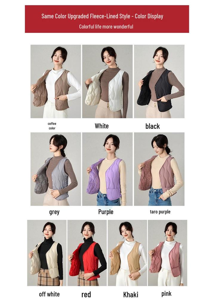 Women's V-Neck Slim Short Down Cotton Vest with Warm Velvet Inner Layer - 2026 Autumn/Winter Collection