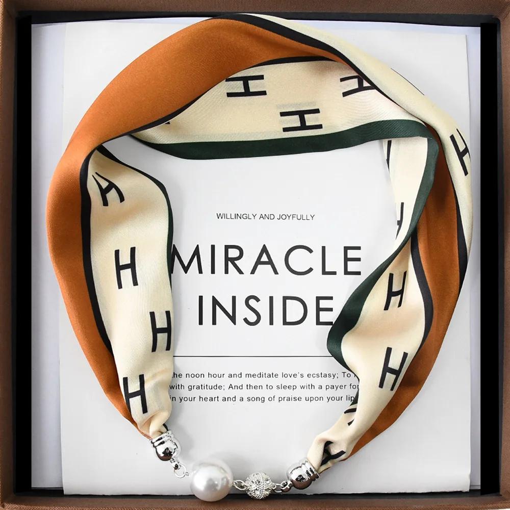 Chinese Retro Multi-Functional Magnetic Women'S Silk Scarf Small Strip Diamond Magnetic Buckle Small Scarf