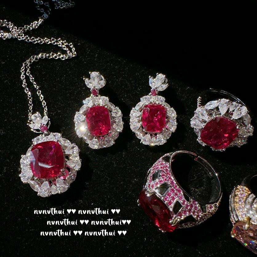 Rouge Magenta Water Drop Flower Gemstone Necklace, Multi-Treasure Thistle Flower, Plated With 18K Gold, Pigeon Blood Red Flower Zircon Earrings