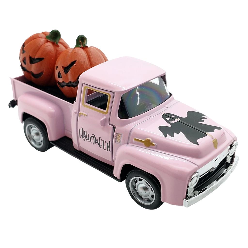 Vintage Halloween Alloy Truck Model with Pumpkins and Figurine for Holiday Decor