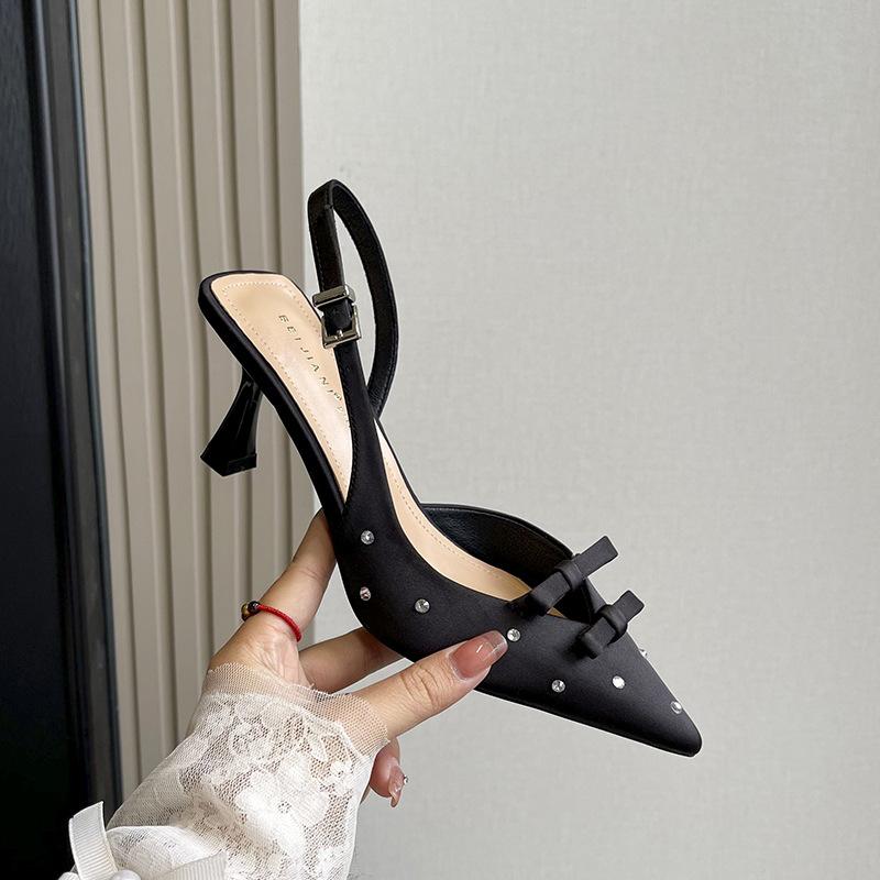 

A satin with diamonds pointed high heels women s stiletto temperament word bag head sandals wear spring and summer 34 чёрный