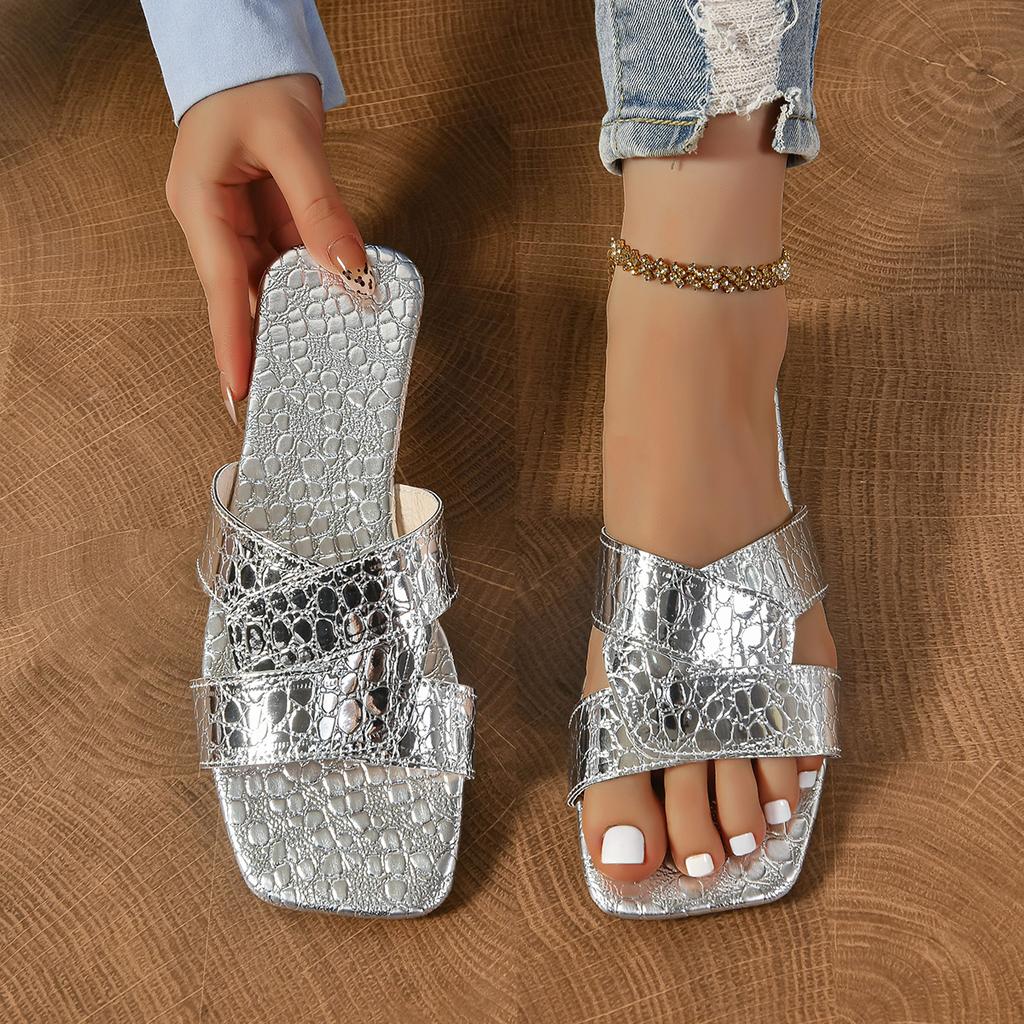 Fashion Golden Open Heeled Flat Women Shoes Soft Leather Sandals Bathroom Slippers Causal Comfortable Slides Women Beach Slippers