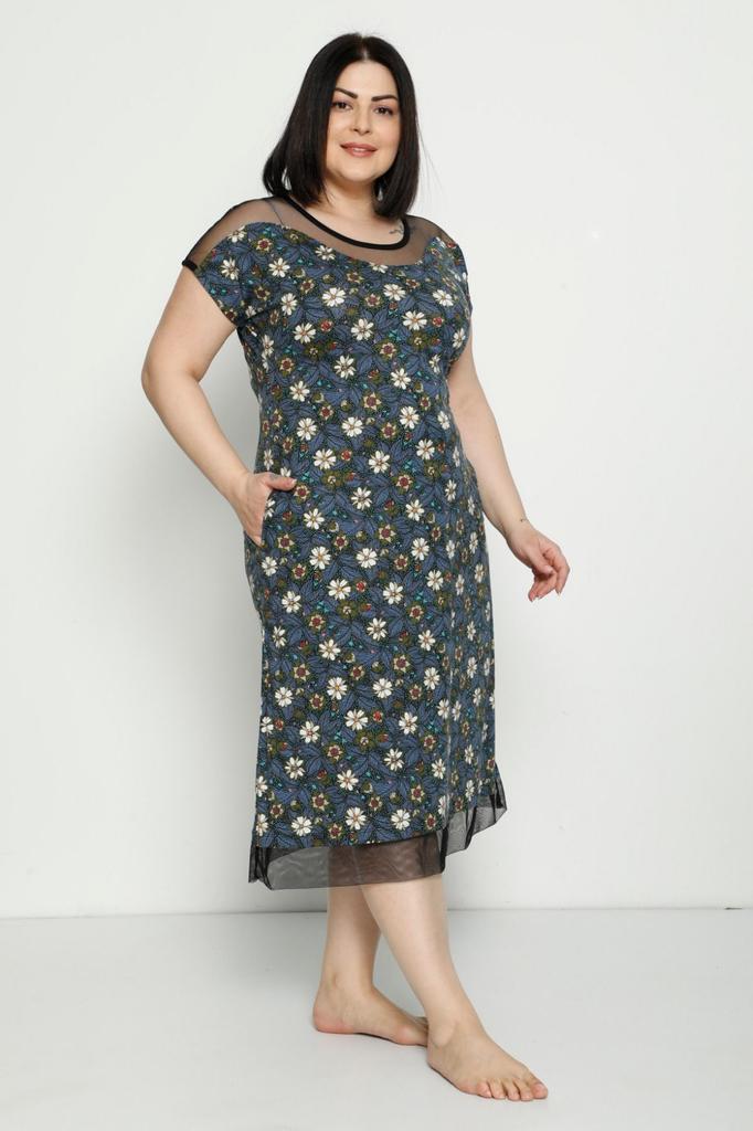 Damska Sukienka w Dużym Rozmiarze Wzorzysta Kieszeń Tiulowe Detale Bawełna Czesana Modal Plus Size Krótki Rękaw Bawełniana Sukienka