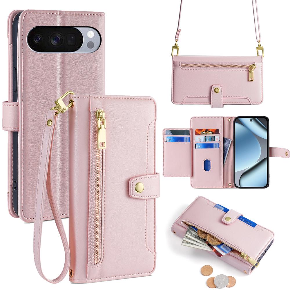 For Google Pixel 10 Pro XL Leather Case Zipper Pocket Wallet Phone Cover with 2 Straps