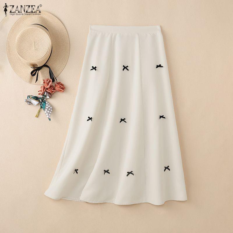 ZANZEA Women Casual Elastic Waist Loose Print Midi Skirts