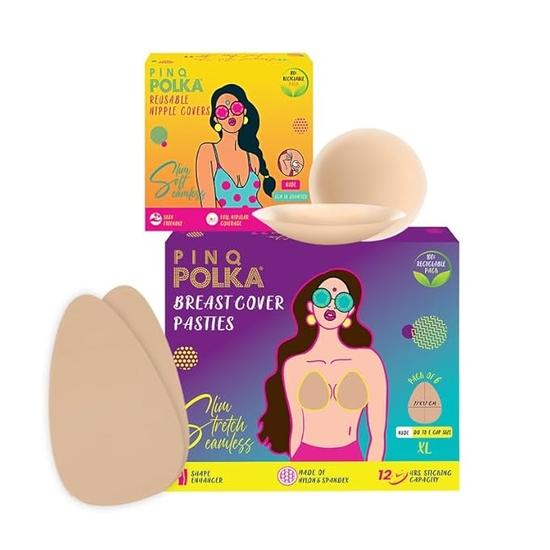 PINQ POLKA Breast Lift Tape Pasties 6 Pcs with 10 Nipple Pasties for DD-E Cup Size and 2 Pcs Reusable Nipple Cover 8CM|Shape Enhancer Body Tape
