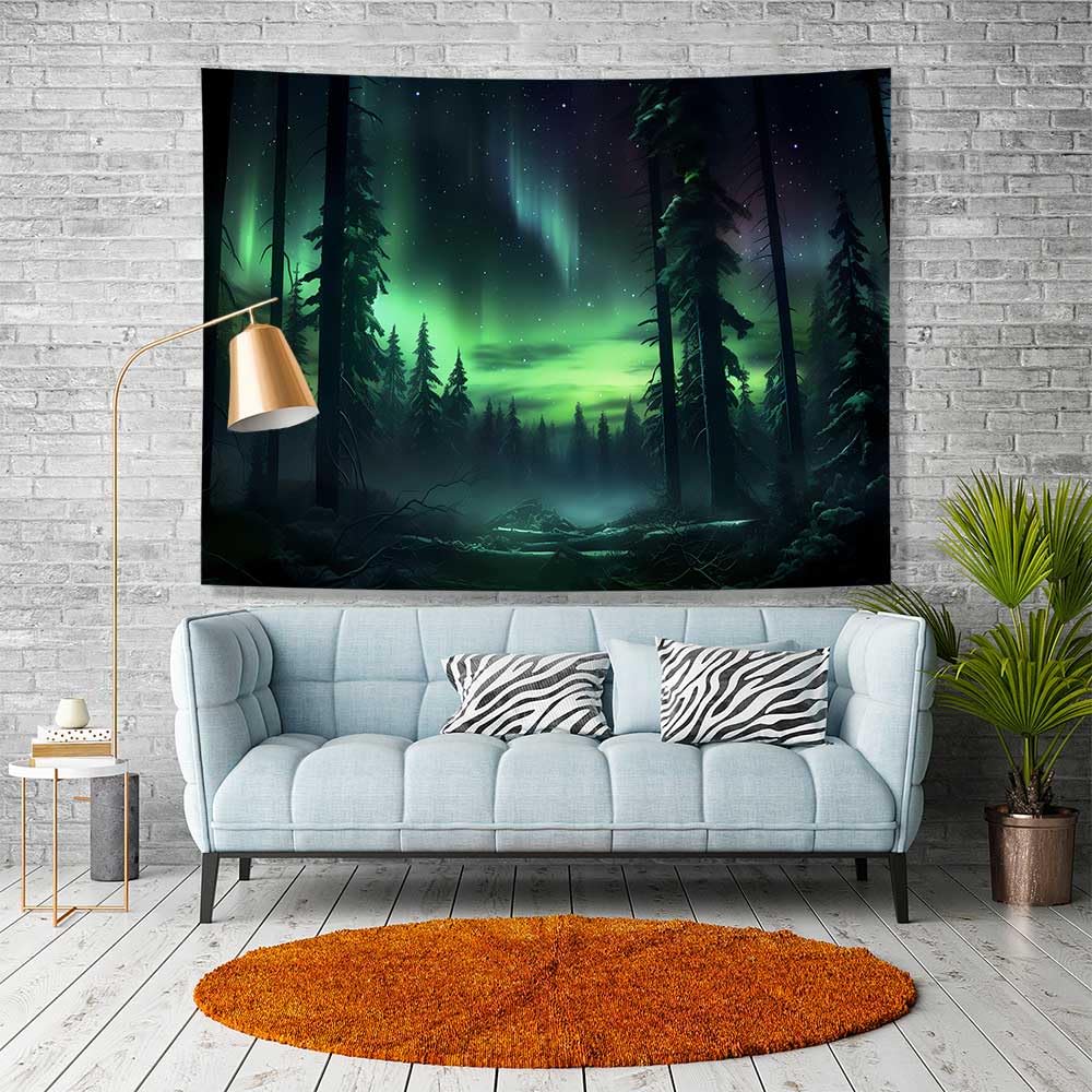 Northern Lights Forest Tapestry Aurora Borealis Misty Pine Trees Trippy Tapestry Aesthetic Wall Art Meditation Decor For Bedroom