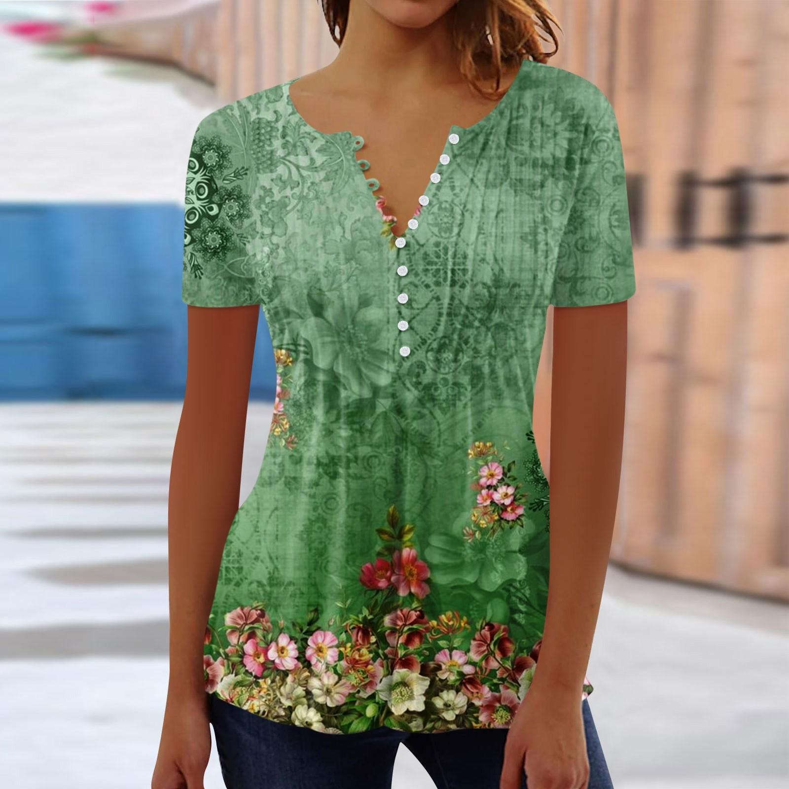 

(Острая курица)Женская рубашка, блузка, пуговицы, ретро-принт, короткий рукав, повседневный базовый топ с круглым вырезом, обычный топ XL зелёный