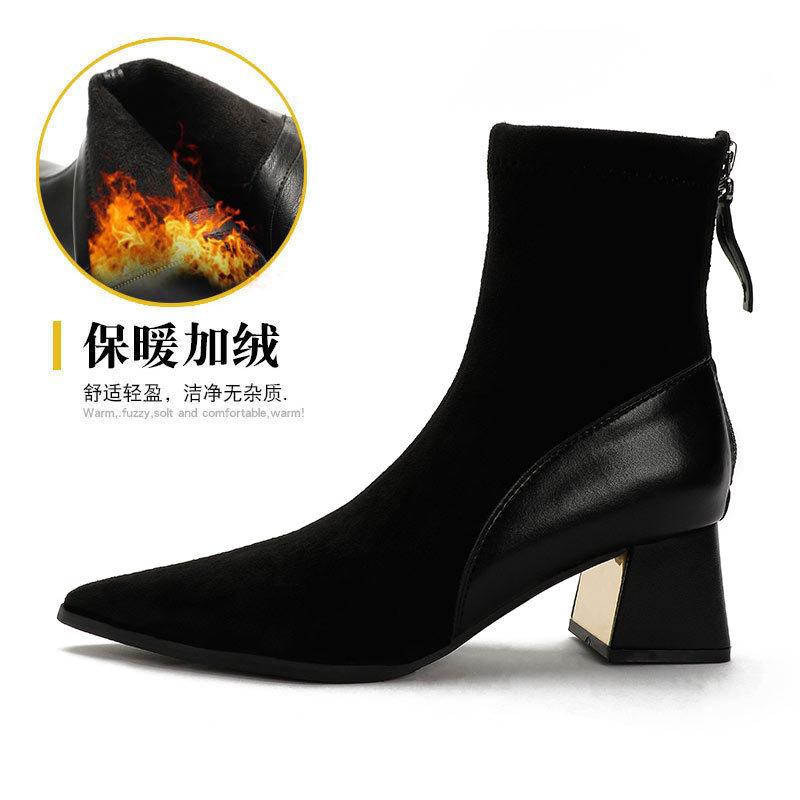 Pointed short boots women's thick heel new women's boots medium heel fashion boots splicing style retro medium boots