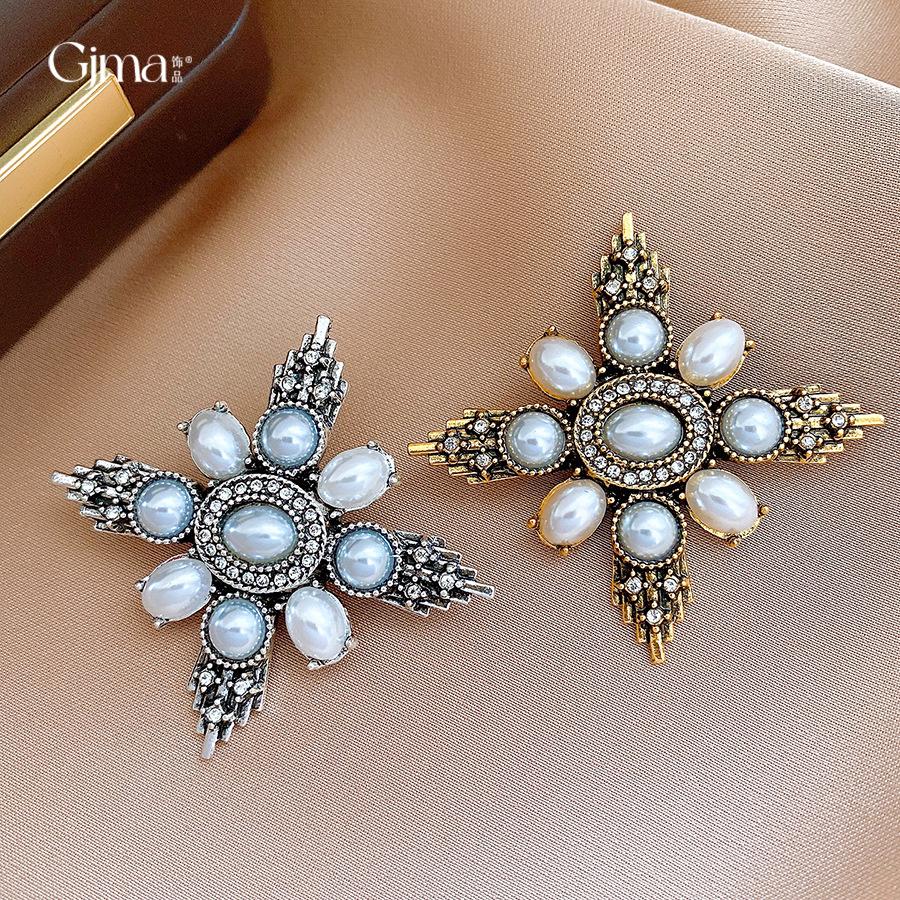 European and American diamond-encrusted cross flower-shaped pearl brooch pin old suit accessories