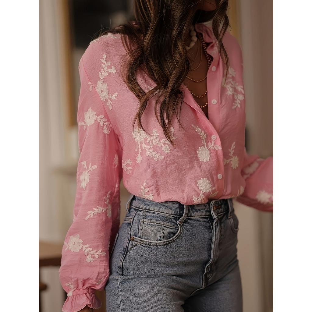 Fall Winter Women's Long Sleeve Printed Blouse, Turn-down Collar Lantern Sleeve Shirt, European American Style Outerwear Crossborder Top