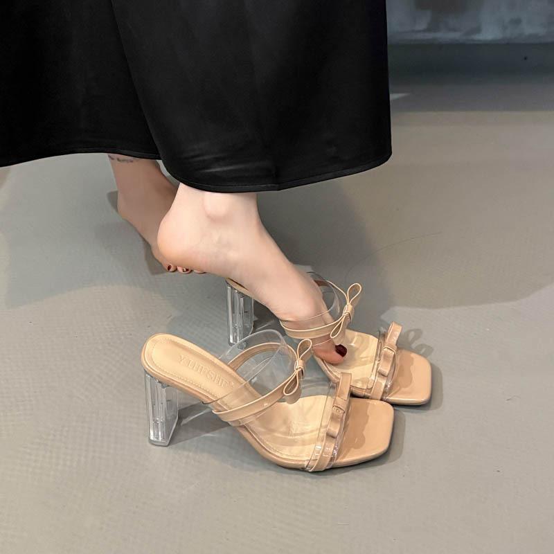 

Beautiful fairy style crystal high-heeled sandals 2025 summer new transparent bow thick heel versatile outer wear sandals 42