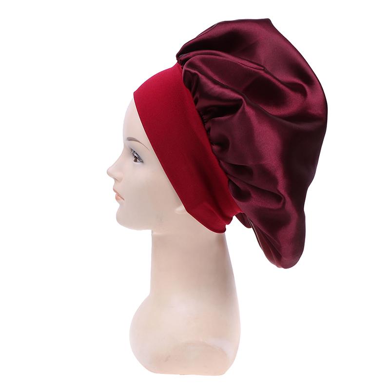 58Cm Solid Color Women Satin Bonnet Cap Night Sleep Hat Adjust Shower Caps