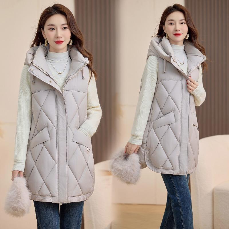 Rhombus Vest Women's Autumn and Winter New Thin Large Size Slim Hooded Vest Down Cotton Vest Women