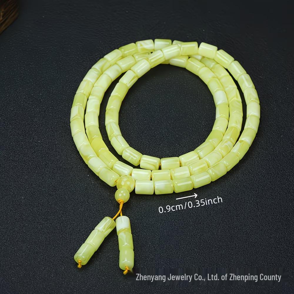 Russian White Beeswax Beads Buddhist Rosary: Multi-strand Bracelet Necklace with Hundred Flowers Amber Design
