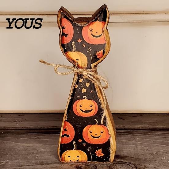 Country Style Holiday Room Ornaments Rustic Wooden Cat Ornament, Vintage Halloween/Flower Wood Tabletop Signs, Housewarming Gift Ideas Distressed