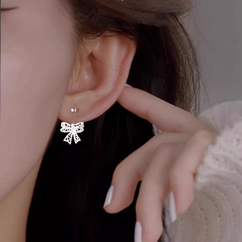 Pravé stříbro 925 Krajkový Srdce Dutý Mašlička Šroubovací Zapínání Piercing Stud Náušnice pro Ženy Jemné Šperky Minimalistické Doplňky