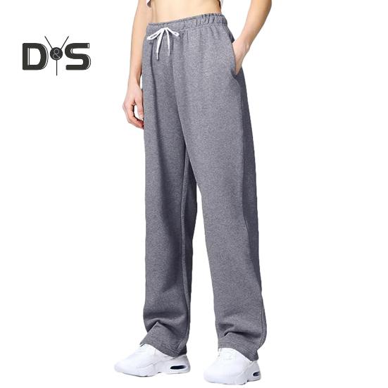 Women Pants Mid-rise Elastic Waist Adjustable Drawstring Long Trousers Solid Color Straight Wide Leg Autumn Winter Sport Trousers
