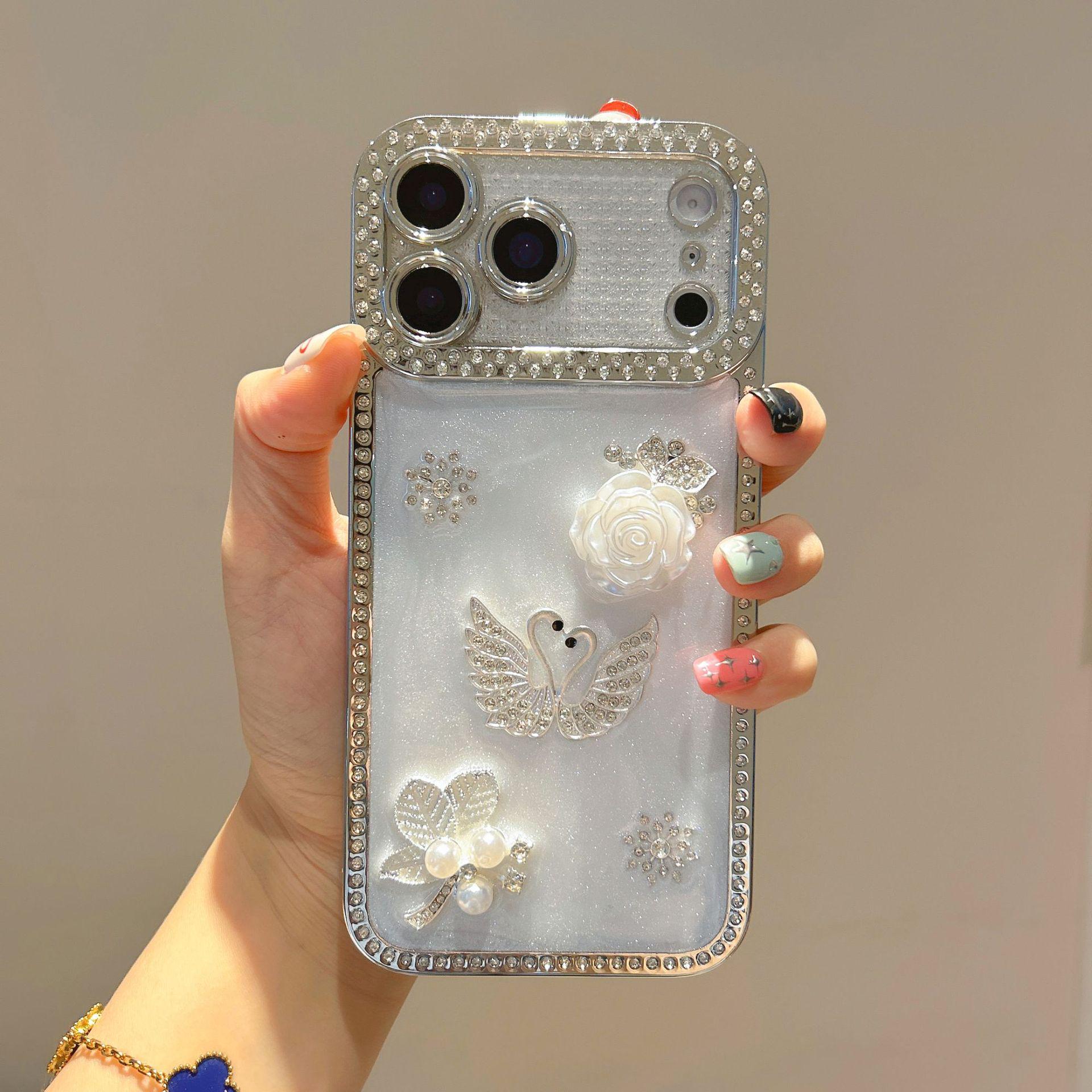 

Electroplated Silver Rhinestone Swan iPhone Case for 13/14/15/16/17 Pro Max iPhone 16 Plus