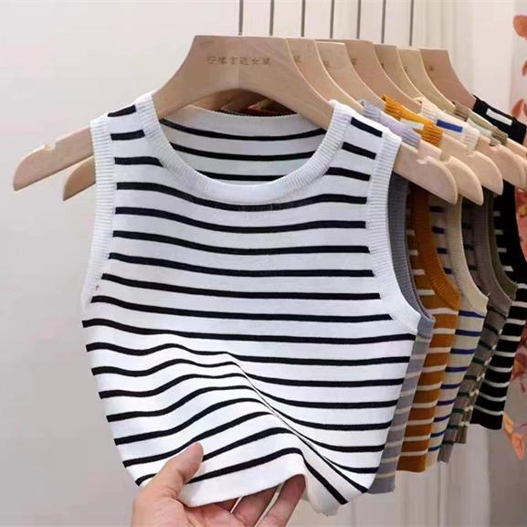 Women's Striped Sleeveless Camisole - Summer Knit Ice Silk Top