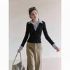iiiamx Women's Faux Two-Piece Striped Long Sleeve Polo Shirt