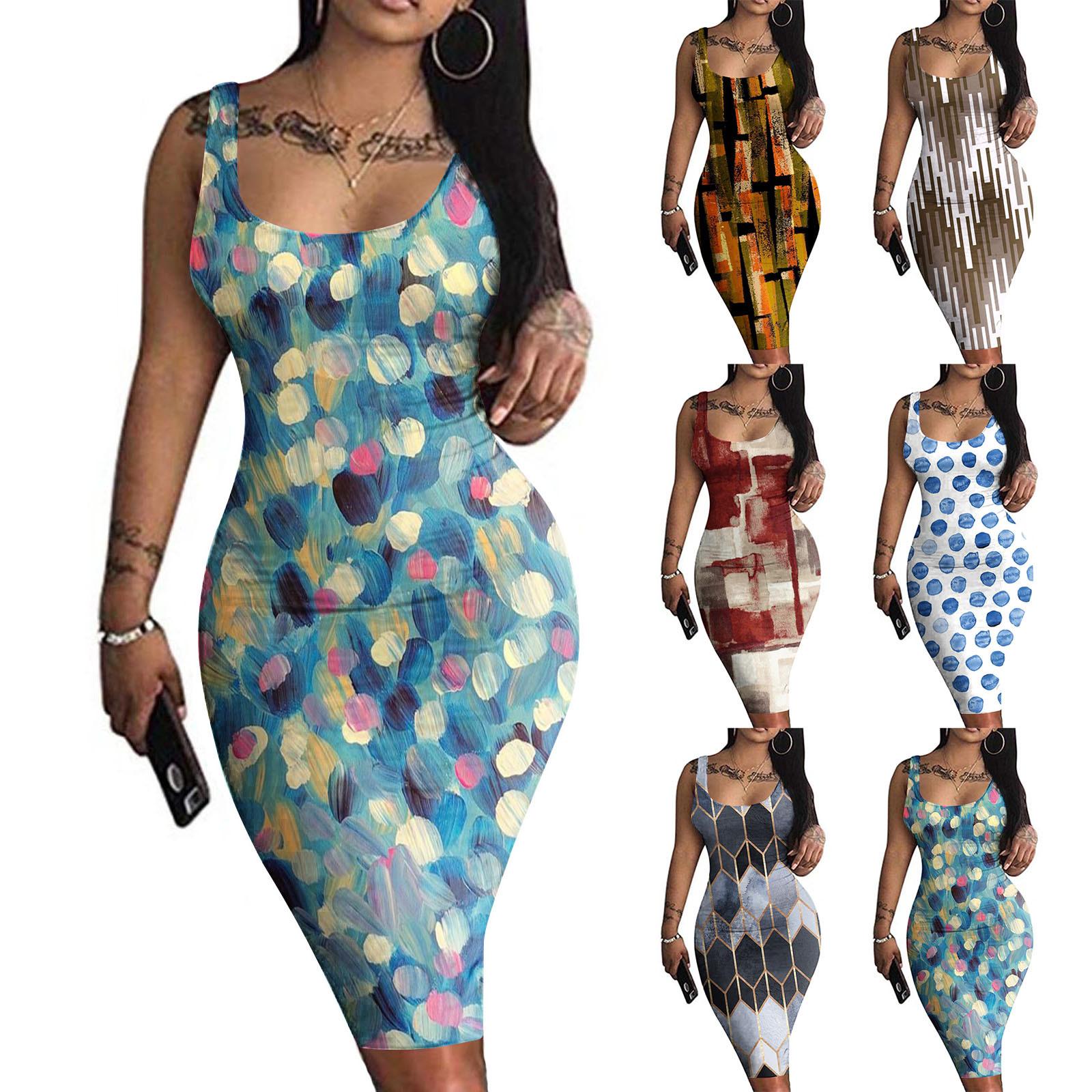 

Женское модное пуловерное платье без рукавов с круглым вырезом и принтом