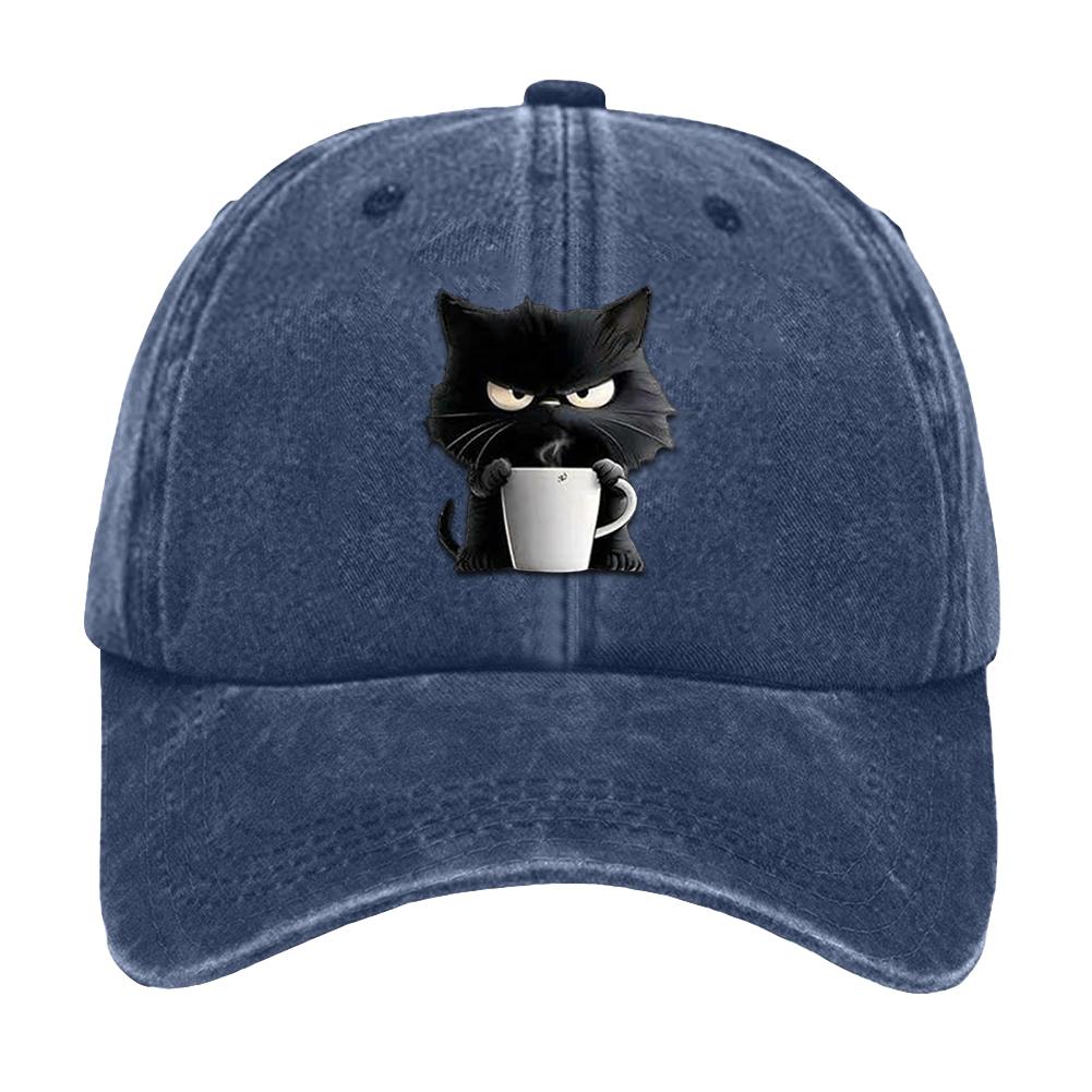 Anime Black Cat Baseball Cap Korean Cat Printed Baseball Hat Retro Washed Cat Print Hat Outdoor Casual Sun Protection Caps темно-синий