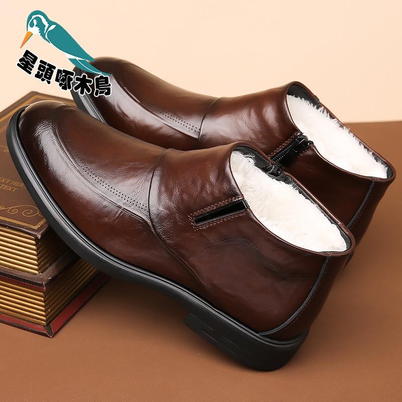 Star-headed woodpecker winter new cotton shoes high-top velvet warm business dress English leather shoes