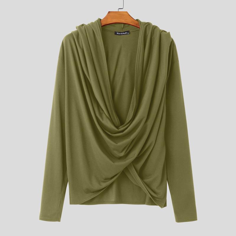 

INCERUN Men Deep V Swing Neck Long Sleeve Front Cross Hooded Casual Tops 2XL зелений