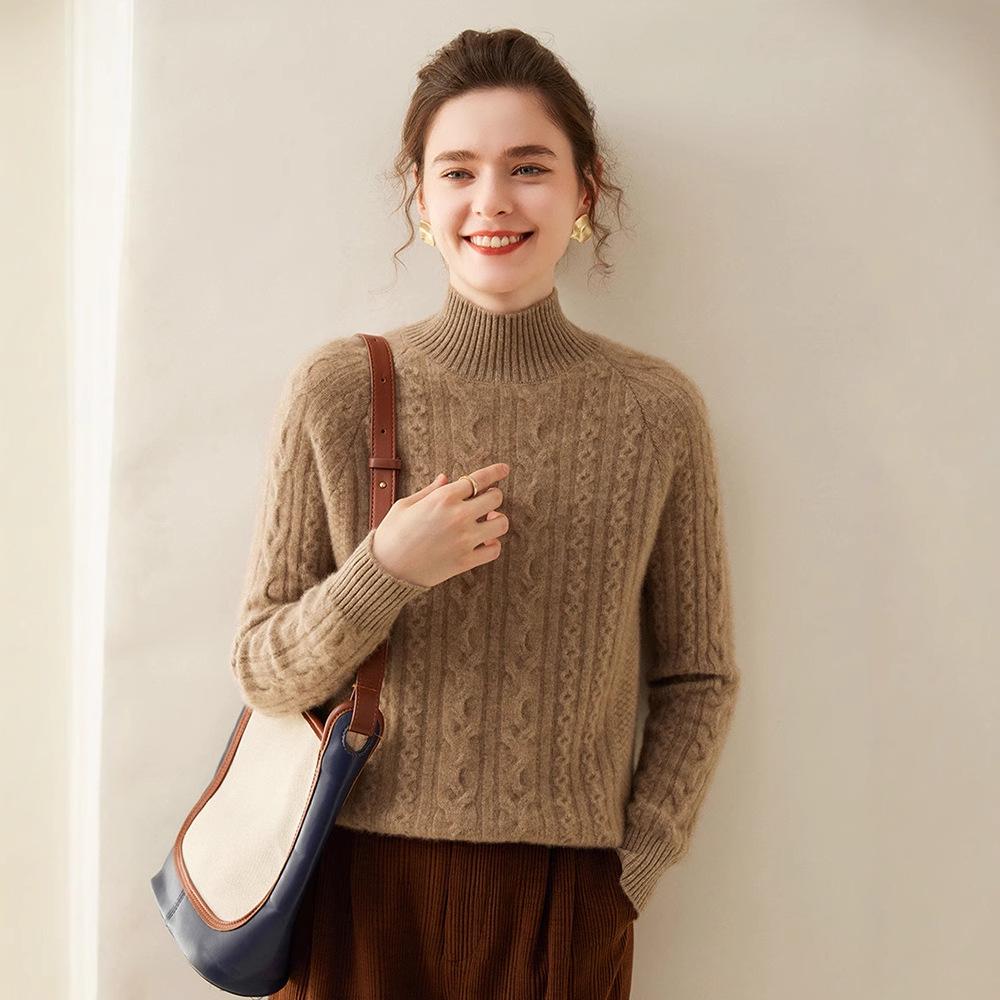 Damski modny kaszmirowy sweter z półwysokim dekoltem, warkoczowy, raglanowy