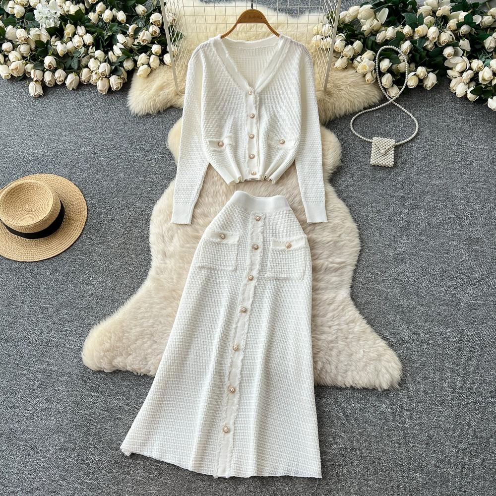 Autumn Winter Women Knitted Sweater Two Piece Set Full Sleeve V-neck Cardigans Coat and Long Midi A-line Skirt Outfits
