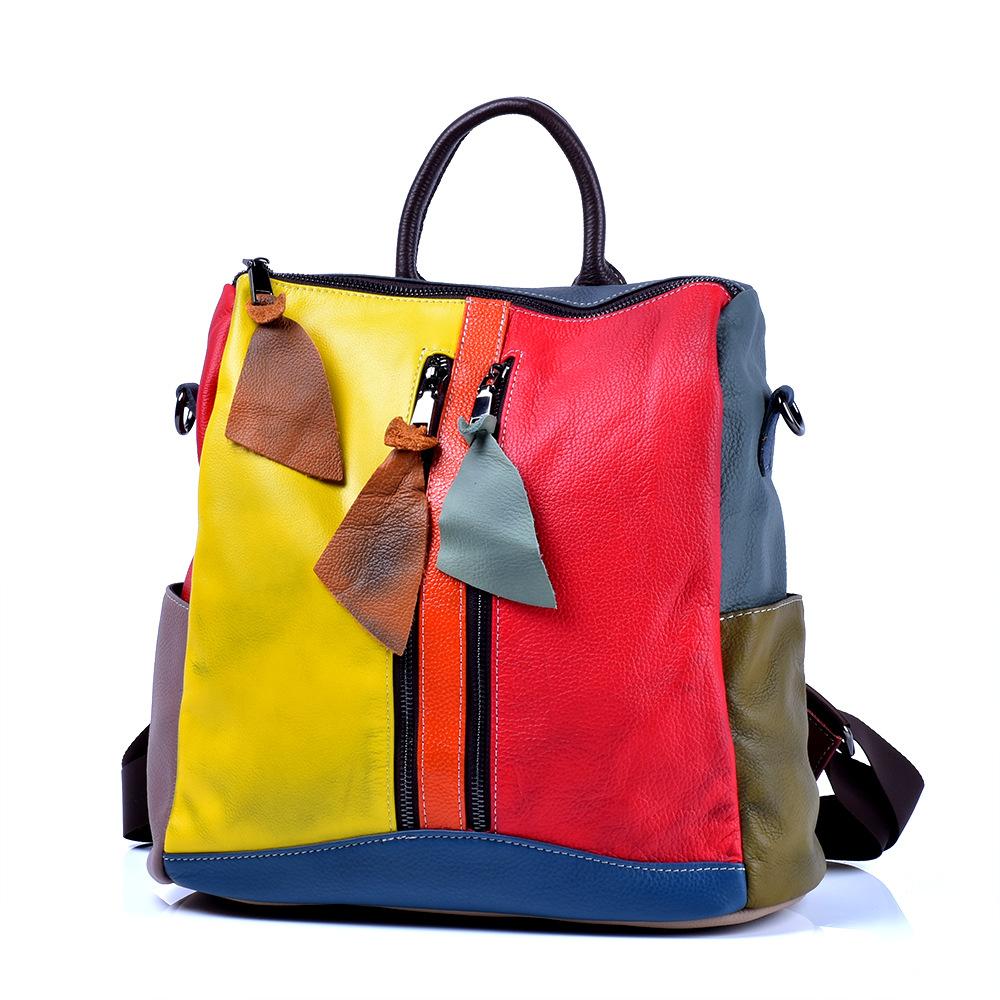Echte Ledertasche für doppelten Schultergurt im bunten Kontrastdesign, Echter Lederrucksack für den Freizeitgebrauch