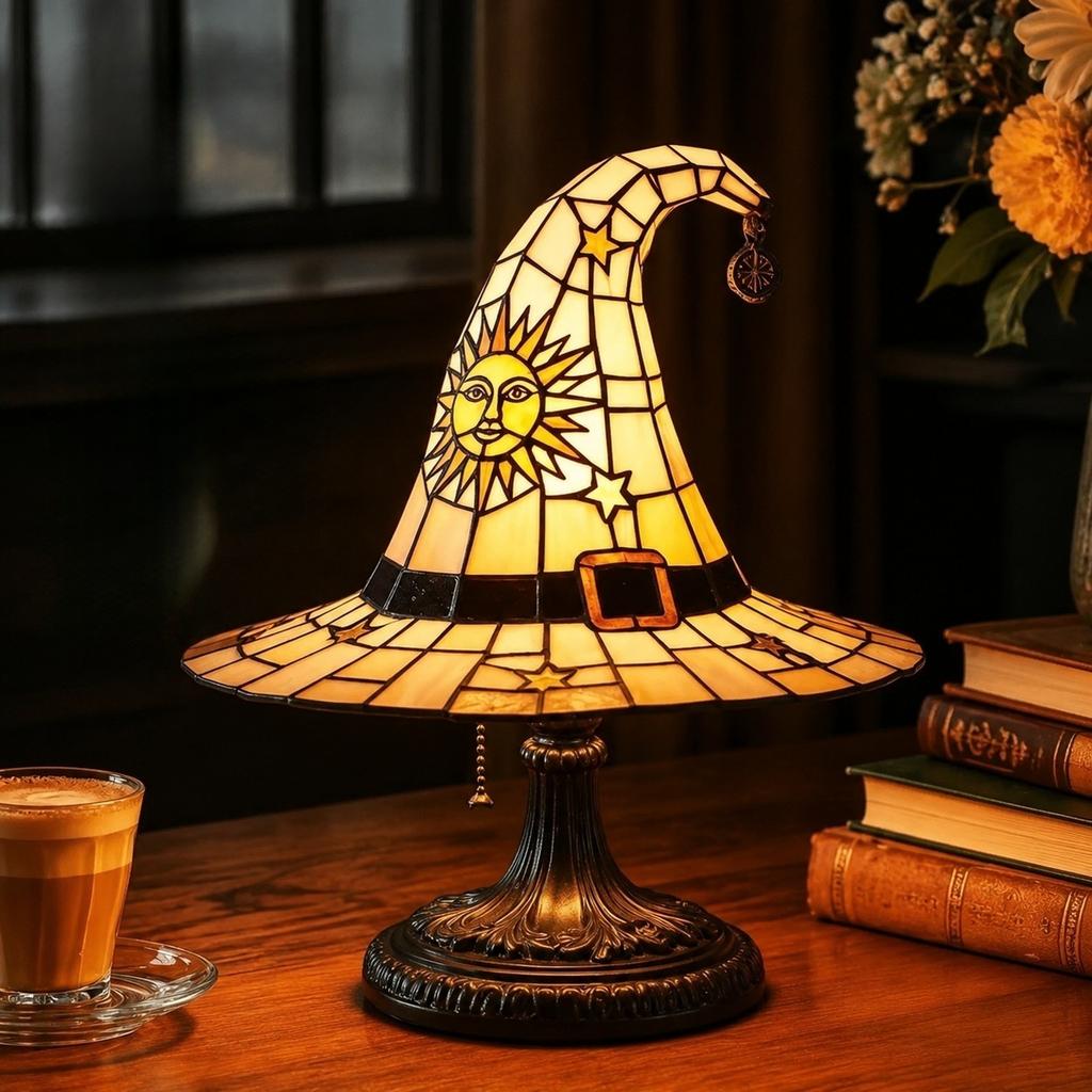 Lampa w kształcie Kapelusza Czarownicy na Halloween Żywiczny Ozdoba Lampka na USB Dekoracja, Świąteczna Lampa Stołowa