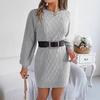 QICED Autumn and Winter Solid-color Twisted Waist Lantern Long-sleeved Woolen Dress Women's Clothing