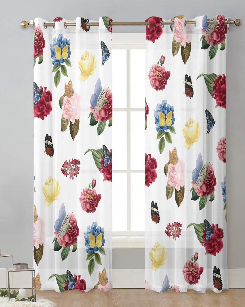 Colorful Flower Butterfly White Sheer Curtains for Living Room Decoration Window Curtains Kitchen Tulle Voile Organza Curtains