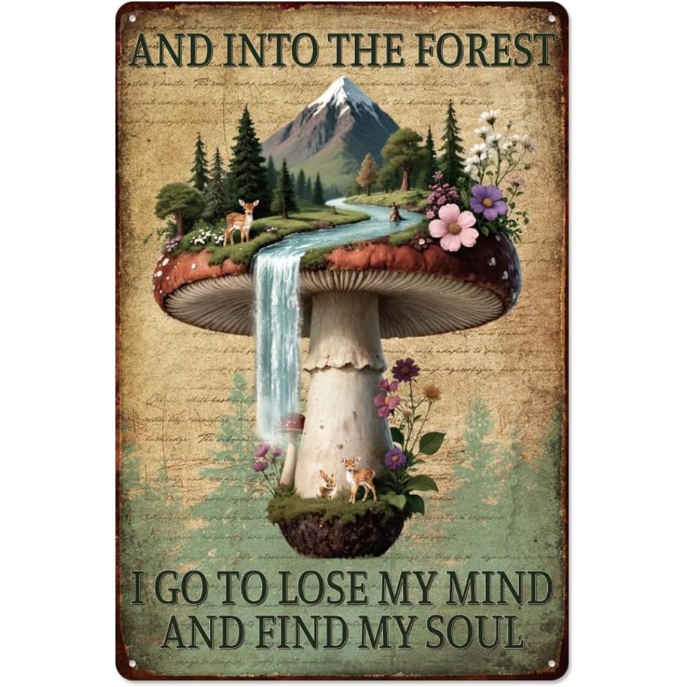 Schild Pilz Vintage Blechschild 11,8 x 7,9 Zoll und In den Wald Kunstschild Lustig Bunt Pilz Metall Dekoration Plakette 20x30cm（7.8x11.8inch） black