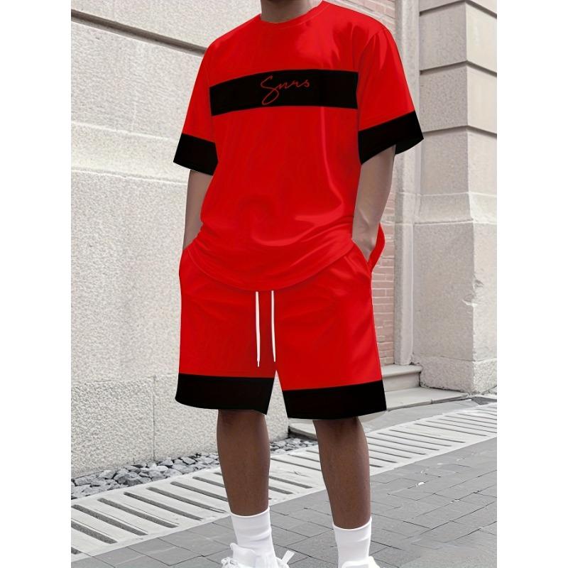 Men's Athletic Set Two-Piece Set Crew Neck Short Sleeve Top & Shorts Men's Running Outfit Plus Size T-Shirt Men's Summer T-Shirt