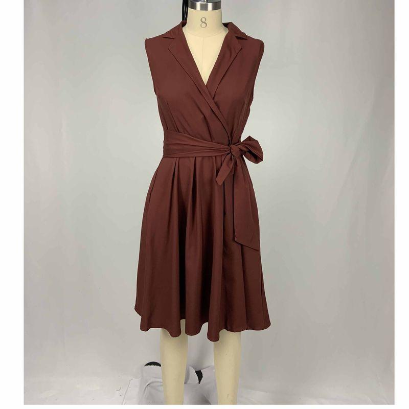 

Sleeveless Lapel 3XL 4XL 5XL BIG SIZE Women s Waist Dress Brown XL