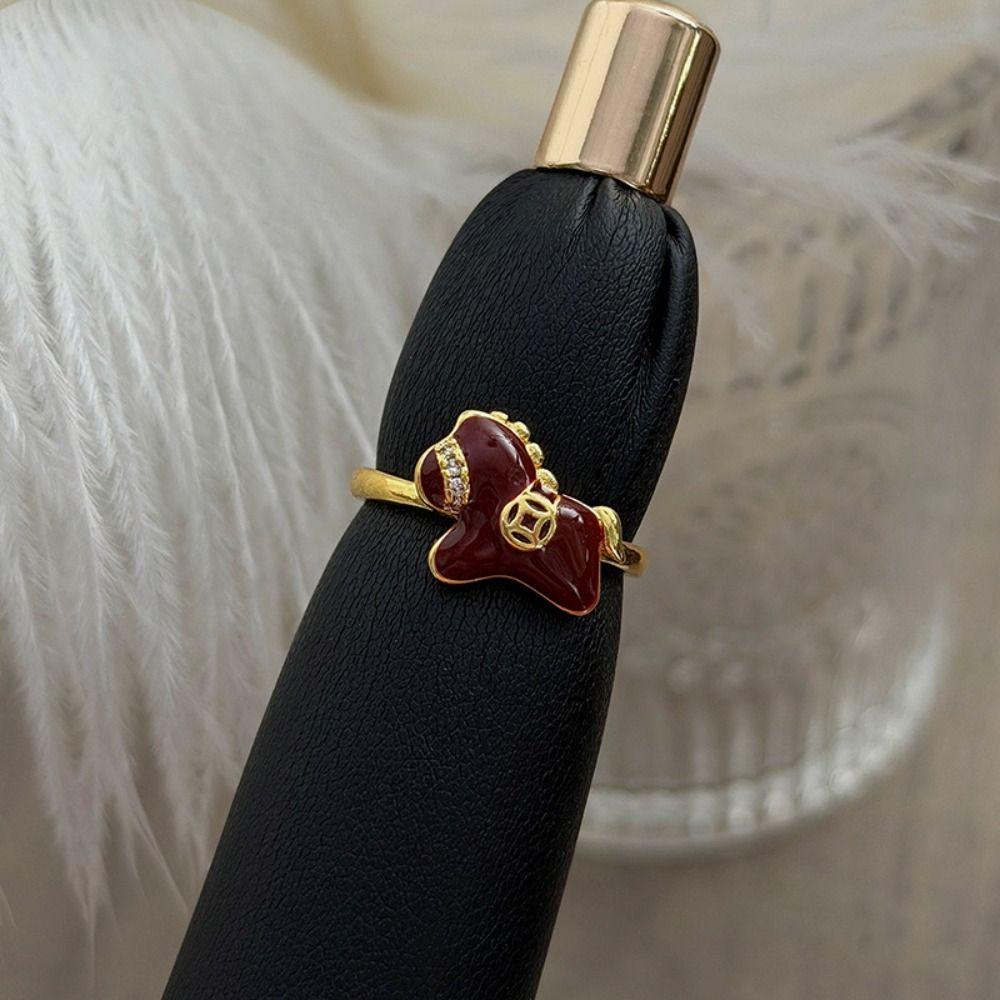 Adjustable Zodiac Horse Ring Good Luck Opening Ring Stackable New Year Drip Oil Ring  Women Men