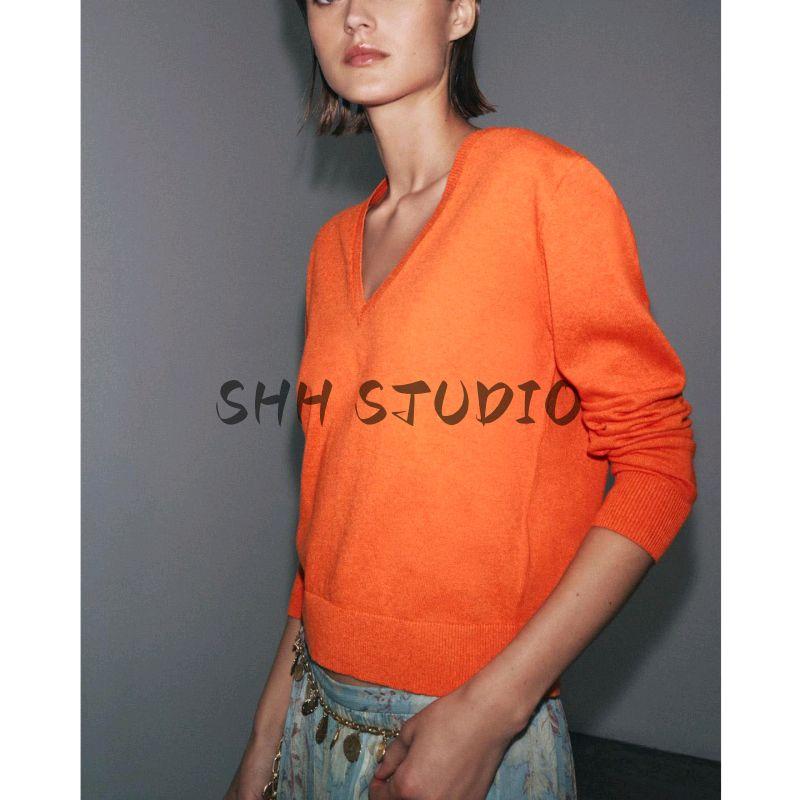 Autumn New Product Women Clothes French Style Design Sense Solid Rib V-neck Long Sleeve Plain Stitch Knit 3471028