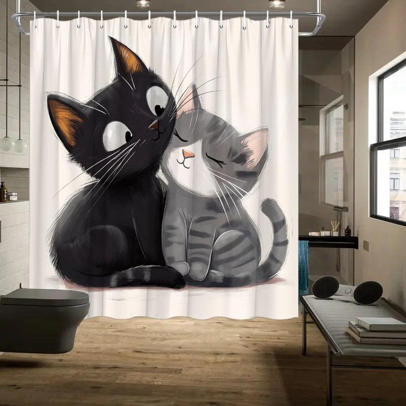 

Cute Little Black And Grey Cat Shower Curtain Washable Dirt-Resistant Shower Head Waterproof Polyester Bath Curtain W60H190(CM)-1 Pcs