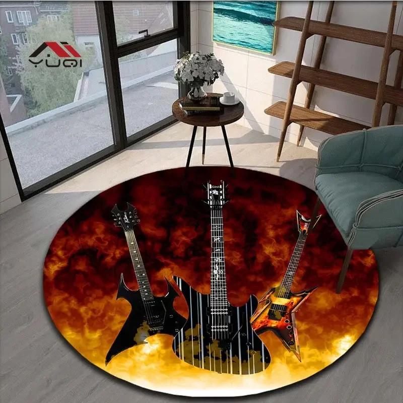 Guitar Music Round Area Rug – Soft Non-Slip Floor Mat for Living Room or Bedroom – Musical Pattern Carpet, 5 Sizes Available