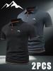 2 szt. Męskie Koszulki Polo Outdoor do Golfa z Małym Wzorem Górskim - Krótki Rękaw i Blok Kolorystyczny, Męska Koszulka Business Casual na Wiosnę i Lato